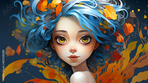 Vibrant chibistyle floral illustrations with vivid colors in a cartoony and stylized digital painting. photo