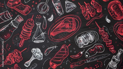 Shawarma Kebab pattern fast food. Seamless pattern. Concept of doner kebab, street food, barbecue, cuisine. Vintage design template, banner. Fresh vegetables. Vector hand drawn sketch illustration.