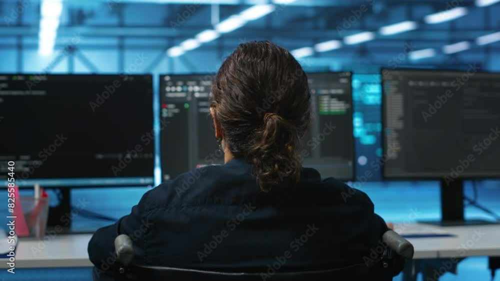 Person with disability in inclusive server hub workspace ensuring data remains shielded from threats. Close up shot of wheelchair user safeguarding data center establishment infrastructure Person with disability in inclusive server hub workspace ensuring data remains shielded from threats. Close up shot of wheelchair user safeguarding data center establishment infrastructure