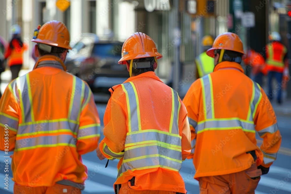 Three construction workers in reflective vests and hardhats discuss plans on a busy city road Three construction workers in reflective vests and hardhats discuss plans on a busy city road
