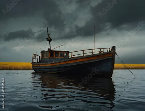 Serene Solitude: A Lone Boat in the Warm Glow of Sunset, boat on the water