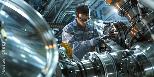 Smart engineer checking iron machine in factory while wearing safety helmet. Professional industrial worker repairing or examining machinery part or turbine machine while holding chart form. AIG42.