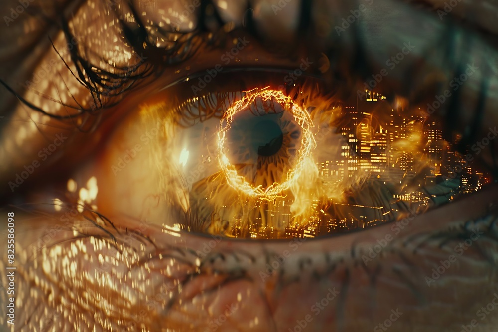 Golden circuits reflect in an eye, showcasing the interconnectedness of technology and human vision