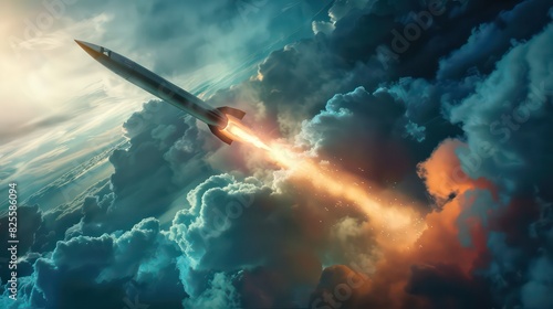Dramatic launch of a cruise missile amidst stormy clouds photo