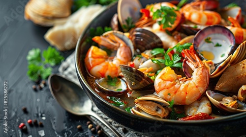 Fish, clams and shrimps with aromatic herbs, spices and vegetables. Generative Ai photo