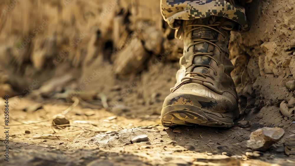 Military boot in camo pants rests on dusty ground Military boot in camo pants rests on dusty ground