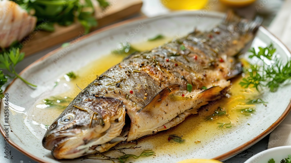 Fish on a plate with delicious. Generative Ai Fish on a plate with delicious. Generative Ai