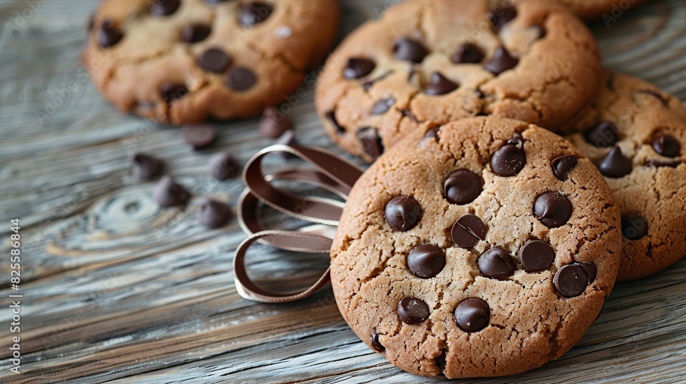 Cookies with chocolate chips and ribbon on wooden background. Generative Ai Cookies with chocolate chips and ribbon on wooden background. Generative Ai