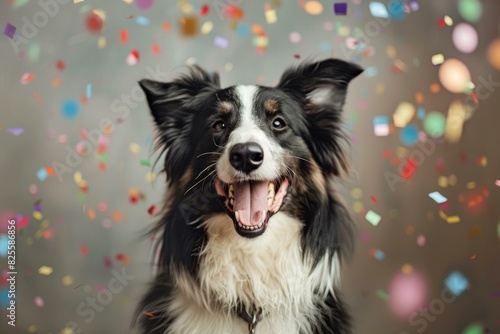 Happy border collie dog surrounded by colorful confetti, portraying celebration and excitement © anatolir
