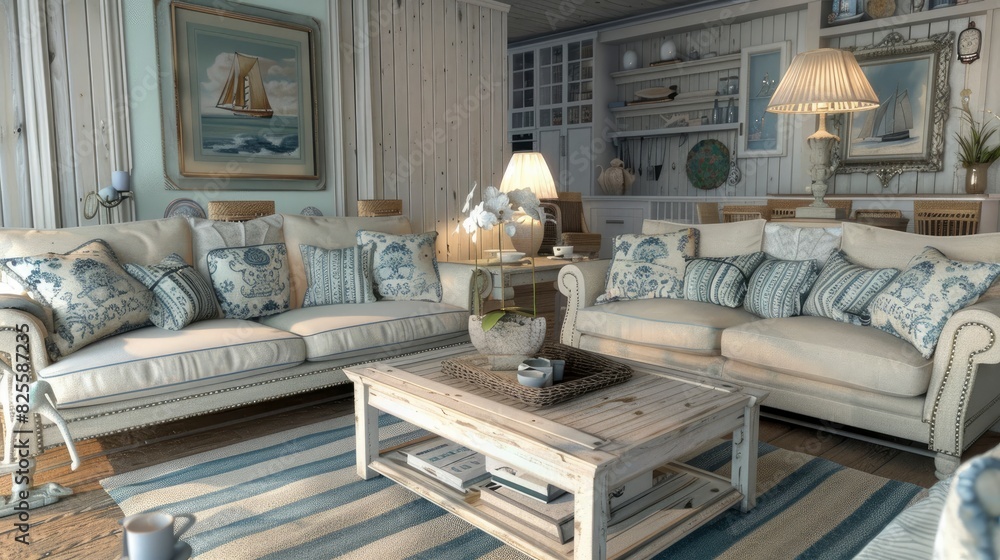 Coastal Living Room With Light Blue And White Tones, Driftwood Accents, And Ocean-Themed Decor, Room Background Photos Coastal Living Room With Light Blue And White Tones, Driftwood Accents, And Ocean-Themed Decor, Room Background Photos