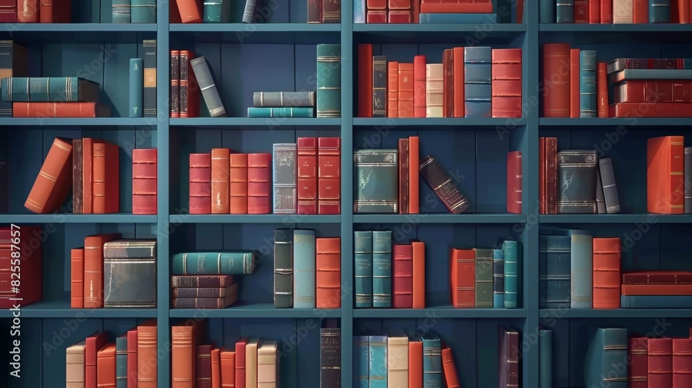 Fototapeta premium A shelf in a library with books arranged in a certain order symbolizing the strict ordering principle observed in fermions according to their quantum numbers.