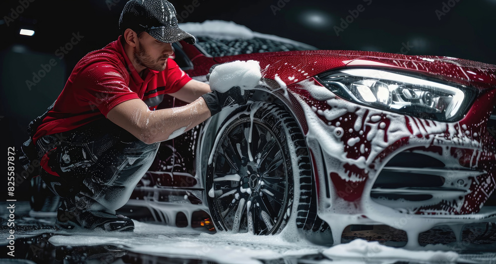 Car Wash Expert Using Water Pressure Washer to Clean a Red Modern Sportscar. Adult Man Washing Car Car Wash Expert Using Water Pressure Washer to Clean a Red Modern Sportscar. Adult Man Washing Car