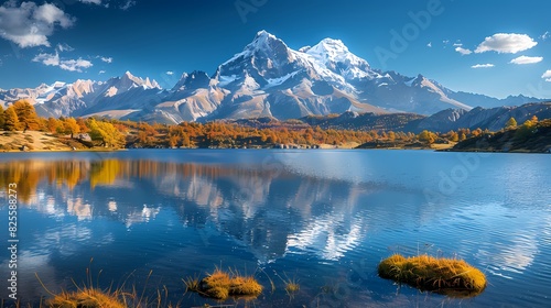 A picturesque lake surrounded by snow-capped mountains  with the water reflecting the stunning landscape.