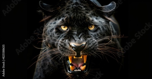 Black panther portrait with yellow eyes showing canine teeth with anger on a black background  looking at the camera. Animal wallpaper concept.