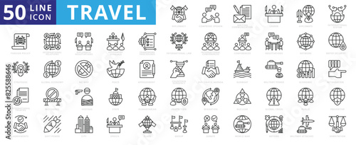 Travel icon set with traveler, movement, people, distance, vacation, tour, trip, holiday, walking, bicycle and automobile.