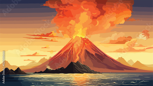 Nautical background with volcano on ocean island be