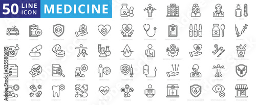 Medicine icon set with patient, hospital, drug, nurse, doctor, fever, ambulance, pharmacist, prescription, dosage and diagnosis.