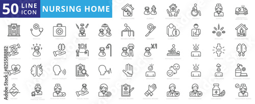 Nursing home icon set with elderly care, disabled, nurse, emergency, medical, hospital, responsibility and caring.