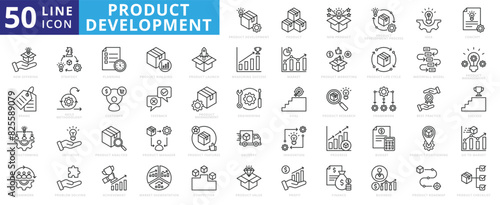 Product development icon set with planning, process, idea, concept, offering, brand, brainstorming, strategy and teamwork.