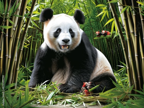 Giant Panda in Lush Bamboo Forest Encountering Small Red Creature  Beautiful Wildlife Interactions in a Natural Habitat