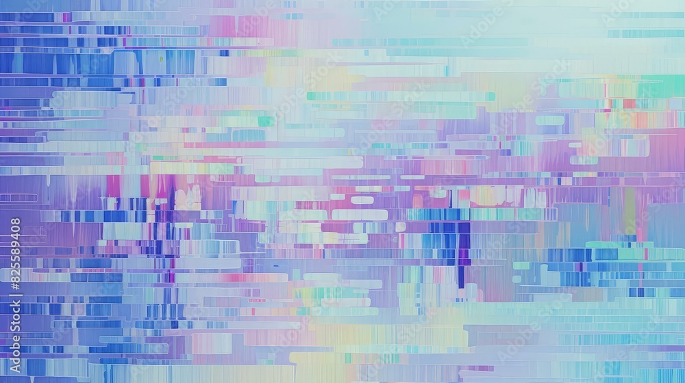 A glitch art background blending abstract shapes with soft pastel tones.