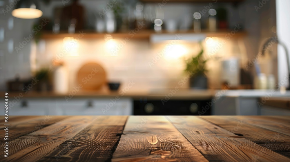 Wooden tabletop with blurred kitchen background ideal for showcasing or designing products