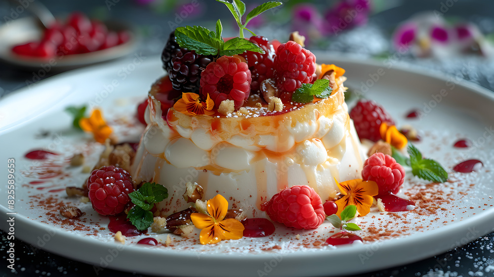 White Plate Topped with a Dessert Covered in Toppings White Plate Topped with a Dessert Covered in Toppings