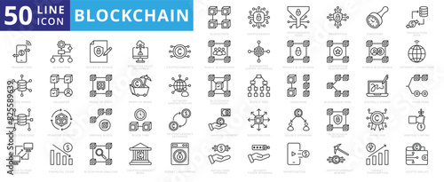 Blockchain icon set with cryptography, hash, encryption, timestamp, data, transaction, nodes and structure.