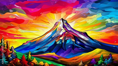 Colorful chibistyle cartoon of a mountain in vivid hues, created with stylized digital painting.