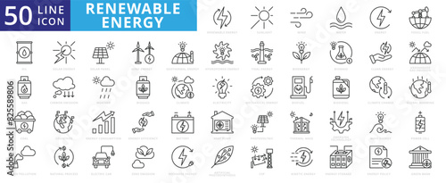 Renewable energy icon set with sunlight, wind, water, fossil fuel, oil, gas, coal, air pollution, solar and panel.