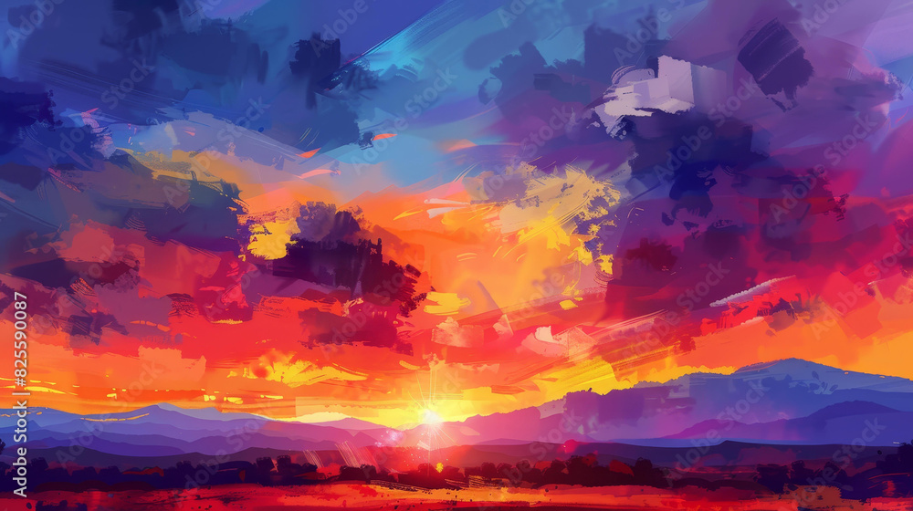 Naklejka premium Breathtaking sunset floods the sky with vivid, dramatic hues.
