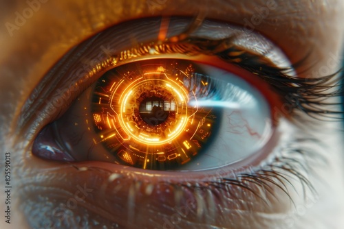 Eye reflecting a fiery digital realm, showcasing a blend of technology and creativity with a dynamic orange glow