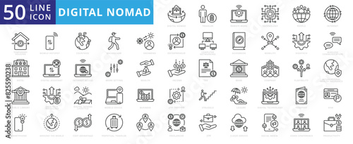 Digital nomad icon set with traveler, remote work, technology, people, internet, temporary housing, hotel, smartphone and public library.