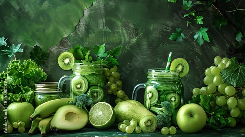 Glass jar mugs with green health smoothie kale lea photo