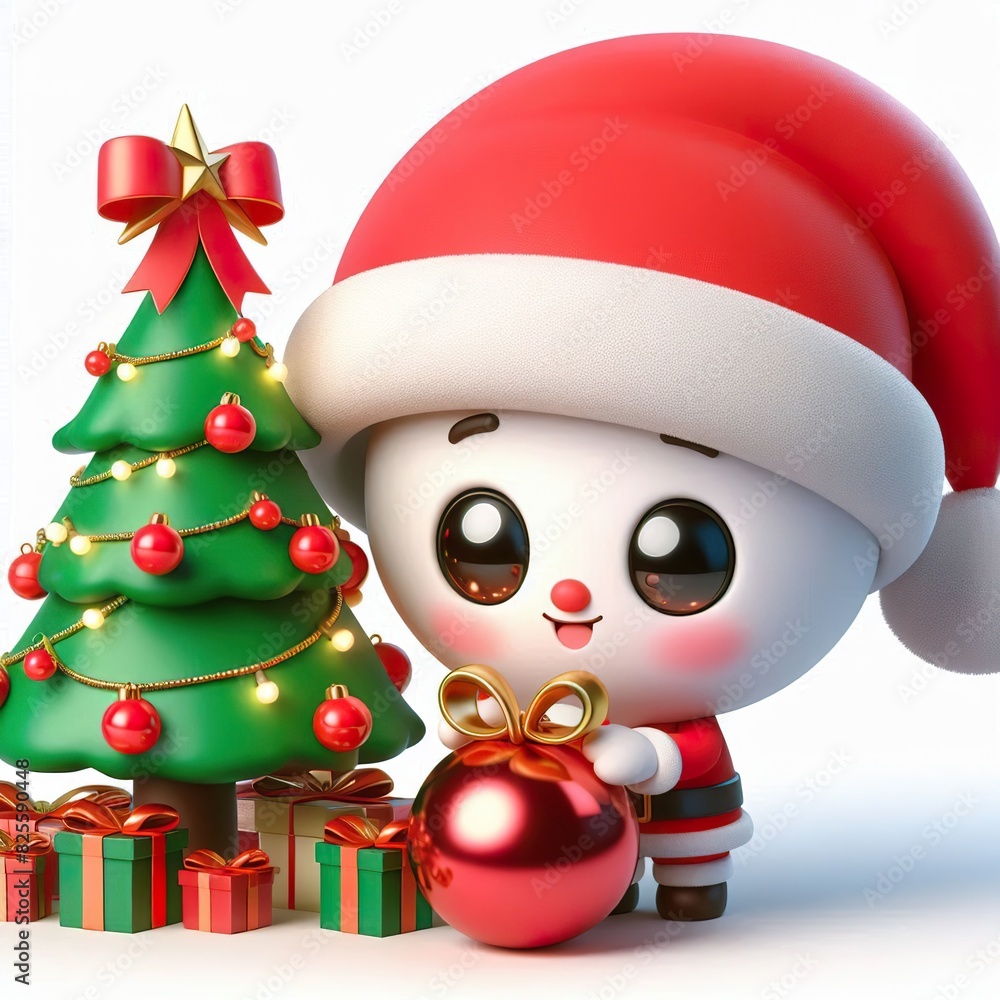 Animated character 3D image of cute, kind, little santa claus in a hat with a decorated christmas tree. composition in a ball Animated character 3D image of cute, kind, little santa claus in a hat with a decorated christmas tree. composition in a ball
