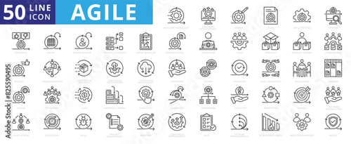 Agile icon set with software development, design, plan, agile process, testing, feedback, release, daily, burndown chart and scrum.