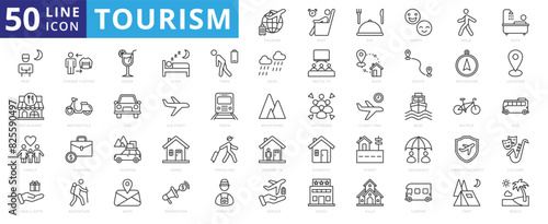Tourism icon set with rest, eat, happy, walk, bath, pray, restaurant, family, small gifts, change clothes, drink and sleep.