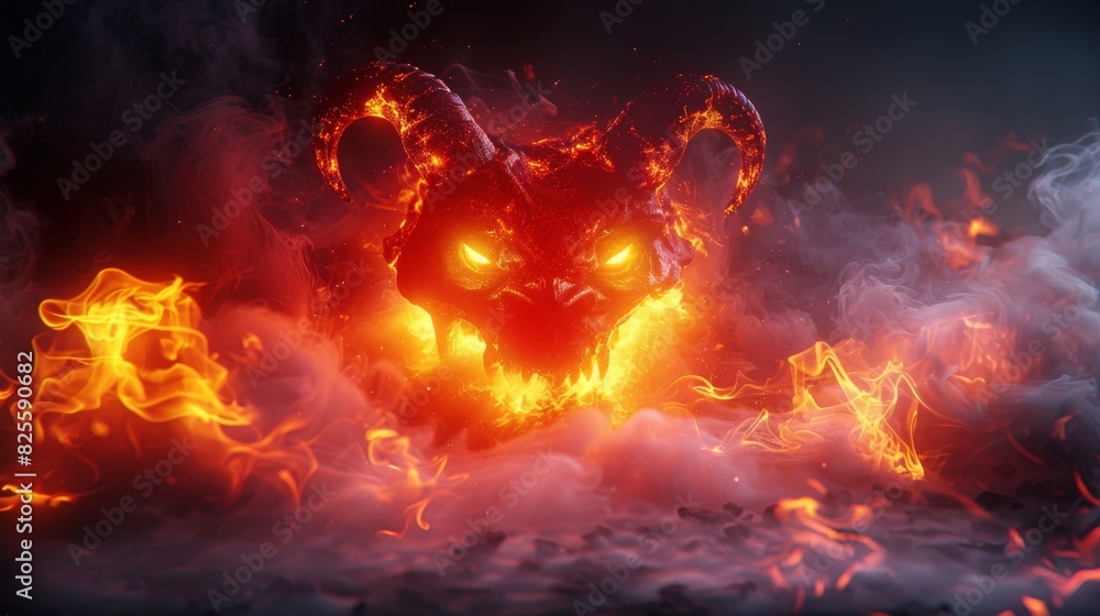 Fiery Demonic Skull Emerging from Smoke and Flames - Dark Fantasy Art depicting a Hellish Menacing Entity with Glowing Eyes and Horns Fiery Demonic Skull Emerging from Smoke and Flames - Dark Fantasy Art depicting a Hellish Menacing Entity with Glowing Eyes and Horns