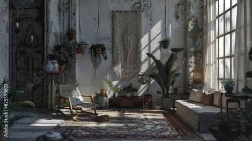 Industrial Bohemian Living Room With Distressed Furniture, Vintage Rugs, And Macrame Wall Hangings, Room Background Photos