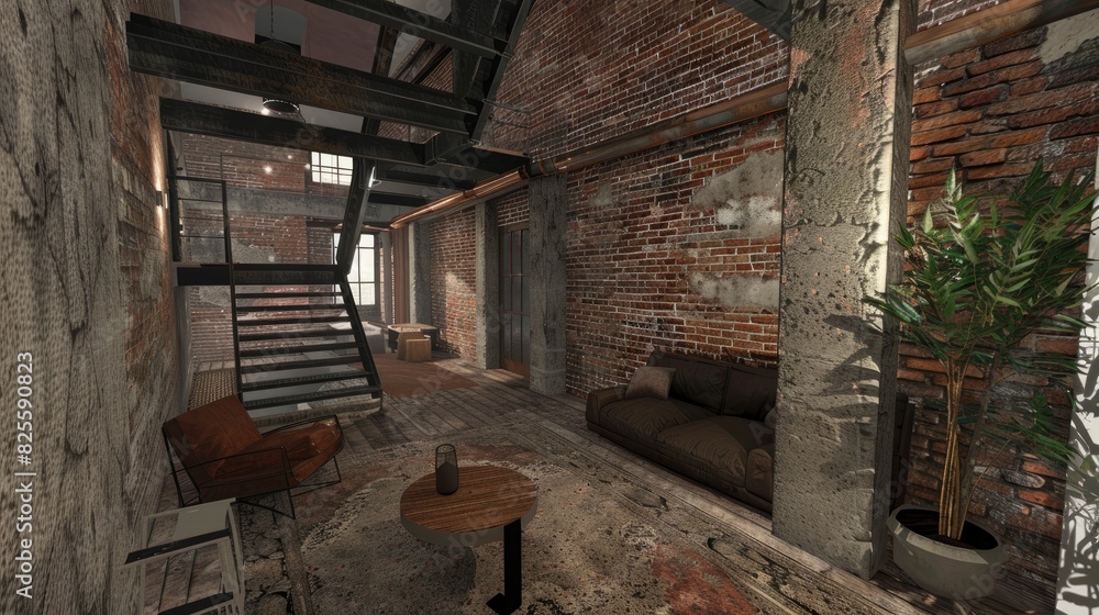 Fototapeta premium Industrial Loft-Style Living Room With Exposed Brick Walls And Metal Furniture, Room Background Photos