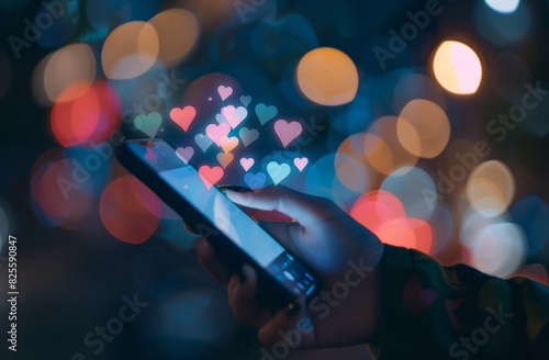 A close-up of a woman's hand using a mobile phone with a social media icon floating on the screen, a light bokeh background, the concept of online marketing.