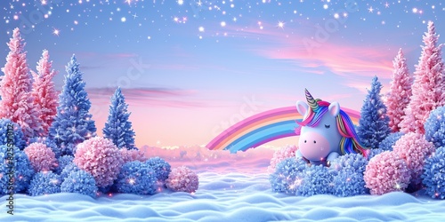 Enchanting Winter Wonderland with Adorable Unicorn and Rainbow in Pink and Blue Snowy Landscape Under Starry Twilight Sky photo