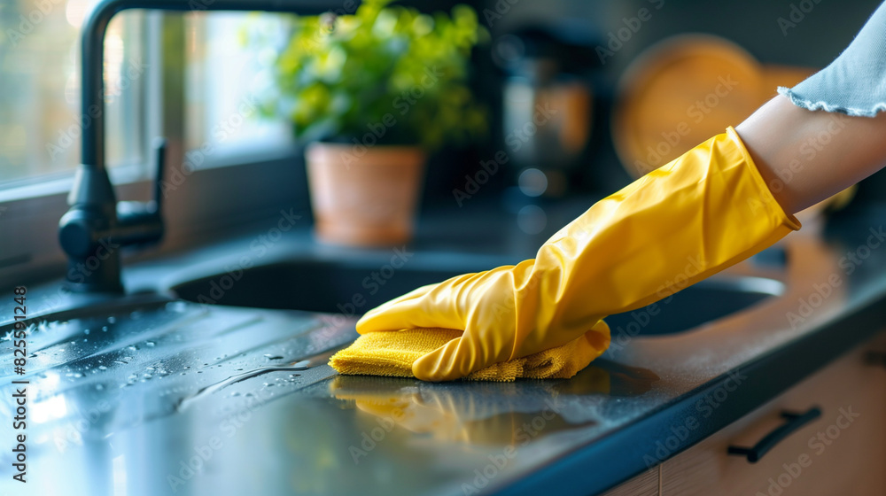 Kitchen Furniture Cleaning: Woman Hand in Rubber Glove with Microfiber Rag
