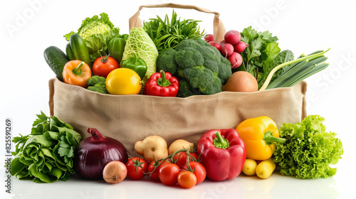 Healthy Grocery Tote Bag Filled with Vegetables and Fruits on White Background