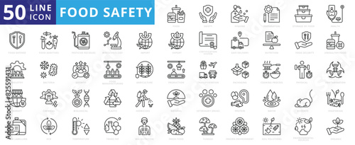 Food safety icon set with hygiene, preparation, storage, health, defense, industry, market, additives and labeling.