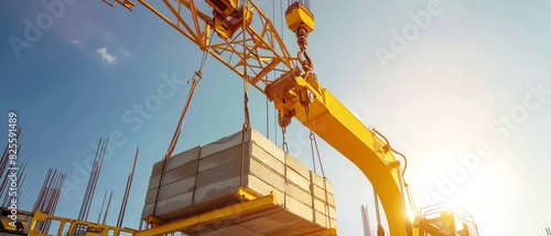 A construction crane hoisting materials at a building site under a bright sky, highlighting heavy machinery and construction industry. photo