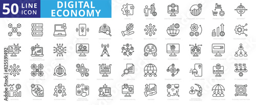 Digital economy icon set with online payment, economic activities, production, internet, blockchain, multipayment and expanding.