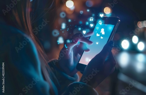 Wallpaper Mural A close-up of a woman's hand using a mobile phone with a social media icon floating on the screen, a light bokeh background, the concept of online marketing. Torontodigital.ca