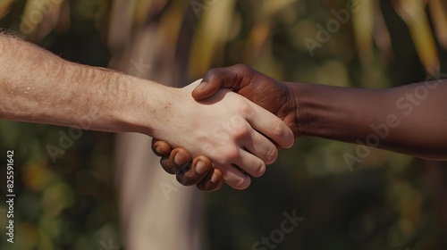 A firm handshake between two adult men of different ethnicities outdoors, symbolizing agreement and partnership.