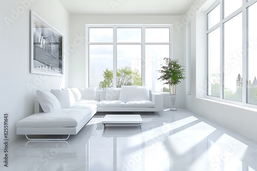 Bright  modern living room with white furniture  large windows  and plenty of natural light. Contemporary interior design.